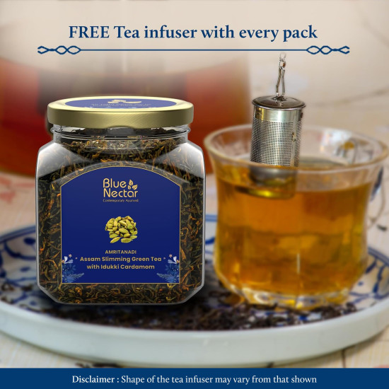 Blue Nectar Green Tea Loose Leaves for Weight Management with Idukki Cardamom | Detox Green Tea Strainer Packed in Eco Friendly Glass Jar (65g)