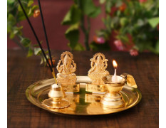 Collectible India Pooja thali Set for Aarti Home - Metal Laxmi Ganesh Idol Showpiece -Bhai Dooj Duj Traditional Diya Oil Puja Lamp - Agarbatti Incense Stick Holders