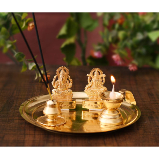 Collectible India Pooja thali Set for Aarti Home - Metal Laxmi Ganesh Idol Showpiece -Bhai Dooj Duj Traditional Diya Oil Puja Lamp - Agarbatti Incense Stick Holders