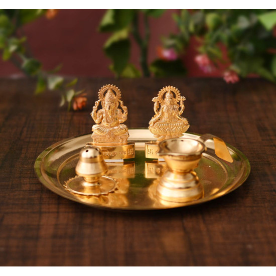Collectible India Pooja thali Set for Aarti Home - Metal Laxmi Ganesh Idol Showpiece -Bhai Dooj Duj Traditional Diya Oil Puja Lamp - Agarbatti Incense Stick Holders