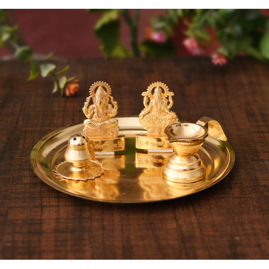 Collectible India Pooja thali Set for Aarti Home - Metal Laxmi Ganesh Idol Showpiece -Bhai Dooj Duj Traditional Diya Oil Puja Lamp - Agarbatti Incense Stick Holders