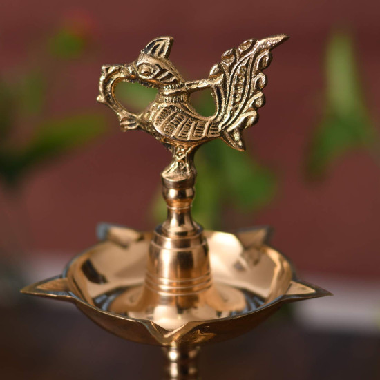 Collectible India Brass Peacock Mahabharat Diya Oil Lamp (Golden, 10.5 X 3.5 Inches )