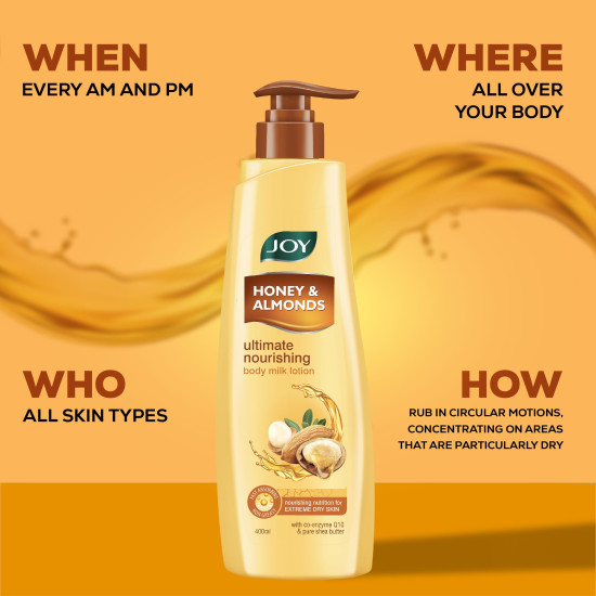 Joy Honey & Almonds Ultimate Nourishing Body Milk Lotion (400ml) | With Shea Butter & Vitamin E | Long Lasting Moisture | Prevents Dryness & Provides Intense Moisturization for Dry Skin