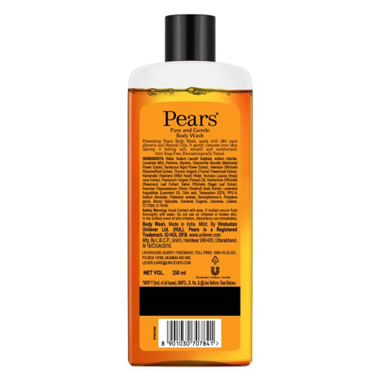 Pears Pure and Gentle Body Wash 250 ml, 98% Pure Glycerin, Liquid Shower Gel crafted with Natural Oils for Glowing Skin, Paraben Free & 100% Soap Free