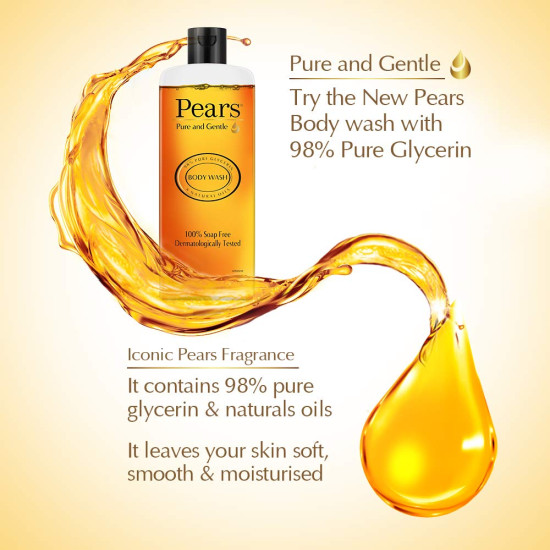 Pears Pure and Gentle Body Wash 250 ml, 98% Pure Glycerin, Liquid Shower Gel crafted with Natural Oils for Glowing Skin, Paraben Free & 100% Soap Free