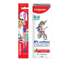 Colgate Kids Cavity Protection Toothpaste For 6-9 Years, 80G, Natural Strawberry Mint Flavour, 0% Artificial, With Colgate Barbie Extra Soft Bristles Toothbrush (5+ Years)