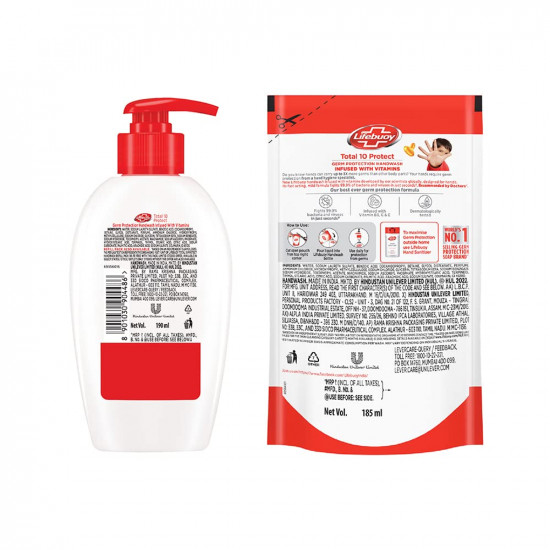 Lifebuoy Total 10 Germ Protection Liquid Handwash, Fights Bacteria & Viruses, Maintains Hand Hygiene, 190 ml With Refill Pouch 185 ml Free