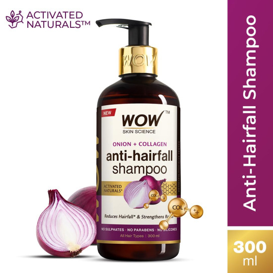 WOW Skin Science Onion & Collagen Anti-Hairfall Shampoo|Reduces Hairfall|Strengthens Roots|Nourishes Scalp|Prevents Breakage|Enhances Hair Thickness and Shine|New & Improved Formulation|300ml