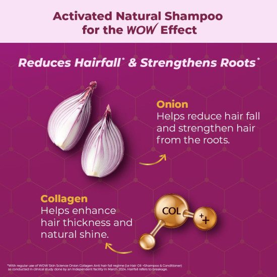 WOW Skin Science Onion & Collagen Anti-Hairfall Shampoo|Reduces Hairfall|Strengthens Roots|Nourishes Scalp|Prevents Breakage|Enhances Hair Thickness and Shine|New & Improved Formulation|300ml