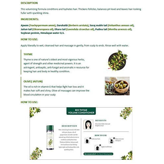 Biotique Bio Thyme Volume Conditioner for Fine and Thinning Hair | Gives Volume and Bounce to Hair | Helps in Thicken Follicles |100% Botanical Extracts| Suitable for All Skin Types | 180ml