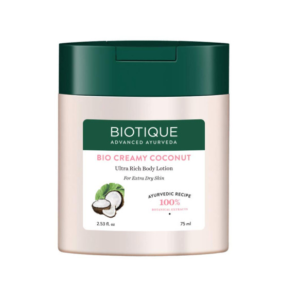 Biotique Creamy Coconut Deep Nourish Body lotion For Extra Dry Skin | Heals, Repairs, and Soothes the Skin | Moisturizing and Skin-Humidifying | 100% Botanical Extracts| All Skin Types | 75ml