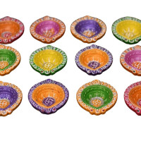 Collectible India Clay 12 Diyas Diya Deepak Earthen Assorted Colorful Set - Diwali Decoration Puja - Handpainted Diya for Home Indoor Outdoor Diwali Design Handmade Mix Color (Set of 12)