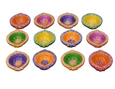 Collectible India Clay 12 Diyas Diya Deepak Earthen Assorted Colorful Set - Diwali Decoration Puja - Handpainted Diya for Home Indoor Outdoor Diwali Design Handmade Mix Color (Set of 12)