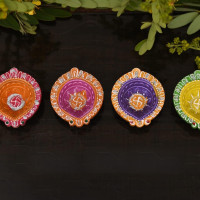 Collectible India Clay 12 Diyas Diya Deepak Earthen Assorted Colorful Set - Diwali Decoration Puja - Handpainted Diya for Home Indoor Outdoor Diwali Design Handmade Mix Color (Set of 12)