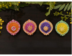 Collectible India Clay 12 Diyas Diya Deepak Earthen Assorted Colorful Set - Diwali Decoration Puja - Handpainted Diya for Home Indoor Outdoor Diwali Design Handmade Mix Color (Set of 12)