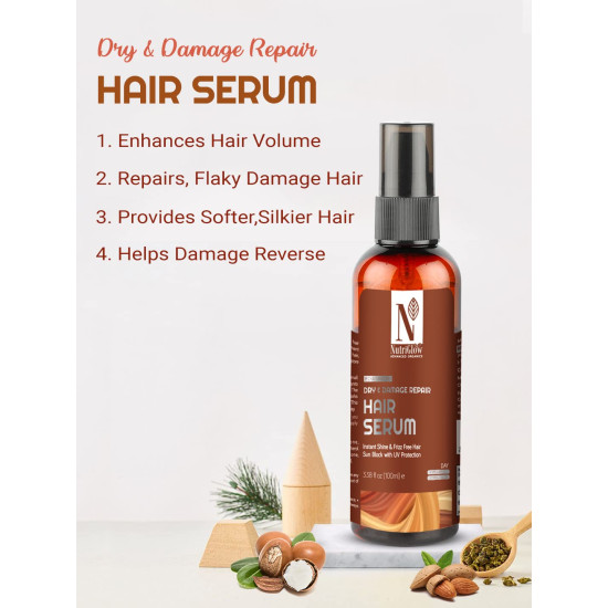 NUTRIGLOW Advanced Organics Dry & Damage Repair Hair Serum/Damage Reverse/Moisture Lock Formulation/Instant Shine/Fizz free hair/No Parabens -100ml