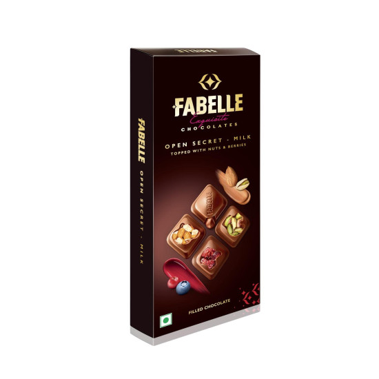 Fabelle Open Secret - Milk, Centre- Filled Luxury Chocolate Bar Topped with Visible Nuts & Berries, 121g