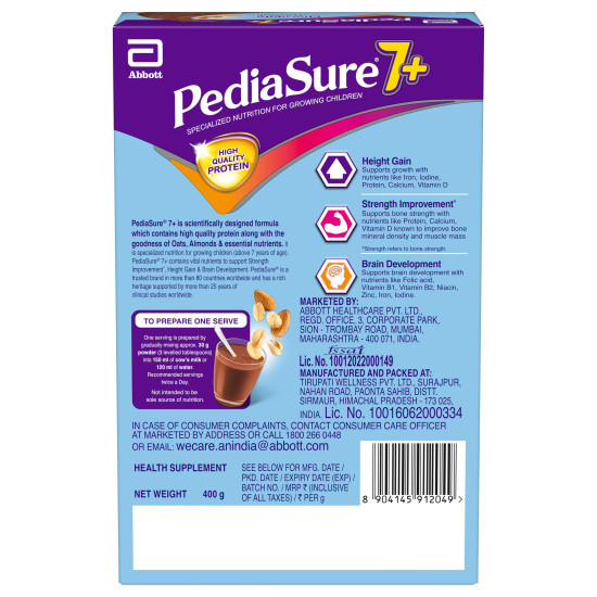 PediaSure 7+ Specialized Nutrition Drink Powder 400 Grams,Premium Chocolate Flavour With Oats & Almonds,For Growing Children,Supports Height Gain,Muscle Strength &Brain Development,1 Count