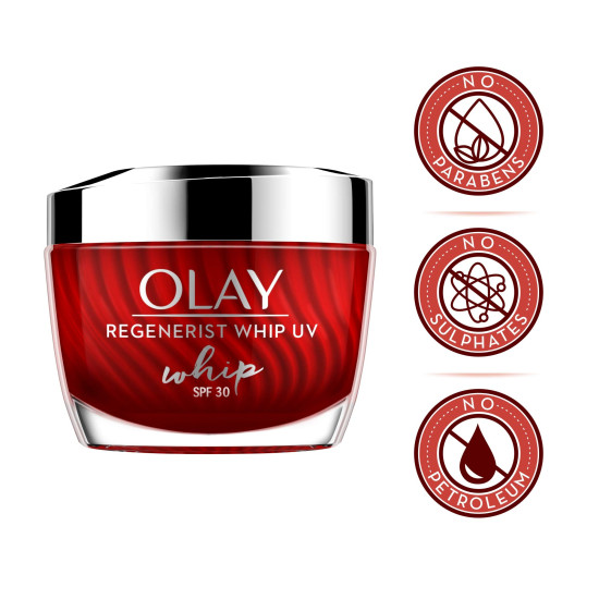Olay Regenerist Whip Cream with SPF30 | Ultra Lightweight | Hydrated, Plump, Bouncy Skin | With Hyaluronic Acid, Niacinamide and Peptides | Normal, Oily, Dry, Combination Skin | 50g