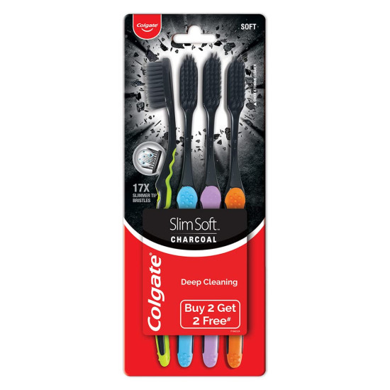 Colgate Slimsoft Charcoal Manual Toothbrush for Adults (Buy 2, Get 2 Free) - 4 Pcs, 17X Slimmer Tip Bristles