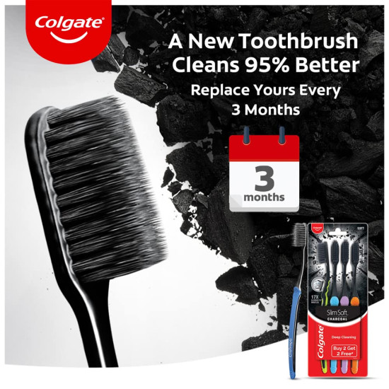 Colgate Slimsoft Charcoal Manual Toothbrush for Adults (Buy 2, Get 2 Free) - 4 Pcs, 17X Slimmer Tip Bristles