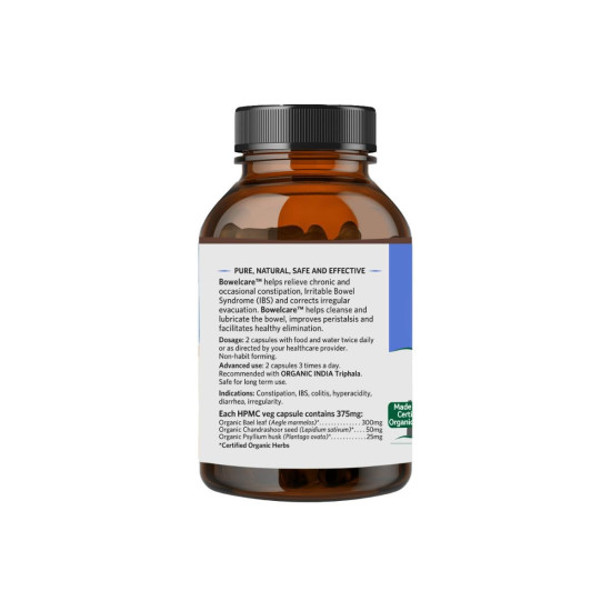 A TATA Product - Organic India Bowelcare - 180 Veg Capsules, Helps Relieve Constipation, Hyperacidity & IBS, Clean & Lubricate Bowel, Normalizes Digestion & Elimination, GMP & NPOP Certified Organic