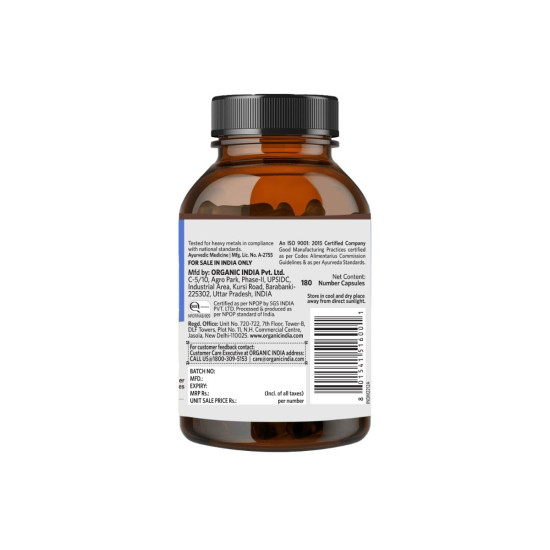 A TATA Product - Organic India Bowelcare - 180 Veg Capsules, Helps Relieve Constipation, Hyperacidity & IBS, Clean & Lubricate Bowel, Normalizes Digestion & Elimination, GMP & NPOP Certified Organic