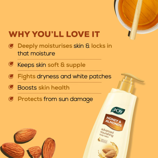 Joy Honey & Almonds Advanced Nourishing Lightweight Summer Body Lotion 750ml | Enriched With Shea Butter | Natural Sunscreen Filters | 48 Hour Moisture, Suitable for Normal to Dry Skin