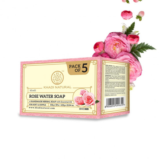 KHADI NATURAL Ayurvedic Rosewater Handmade Soap| Hyderated & Nourishes Skin| (Pack of 5) (5x125 g) (625 g)