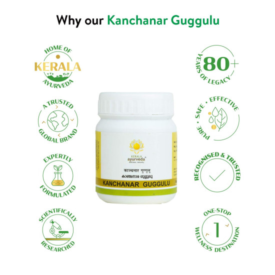 Kerala Ayurveda Kanchanar Guggulu| Combats Hypothyroidism | Boost T3 and T4 Production |Advanced Thyroid Health |Better Hormonal Health | With Kanchanara, Guggulu, Varuna, Triphala, & Trikatu |60 Tablets