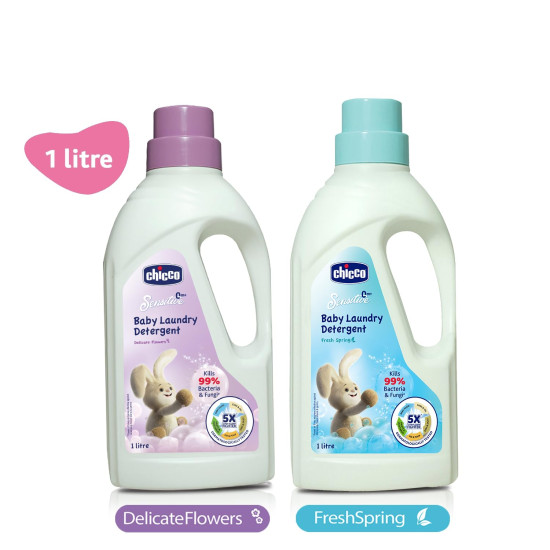 Chicco Baby Liquid Laundry Detergent, 5X Stain & Germ Fighter, Kills 99% Of Germs, Dermatologically Tested For Effective & Gentle Cleaning, Delicate Flowers (1 L)
