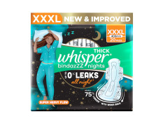 Whisper Bindazzz Nights 20 XXXL Sanitary Pads, Upto 0% Leaks All Night Long, For Super Heavy Flow, Nearly 75% Longer with Wider Back, Double hug wings keep pad in place , Disposable Wrapper