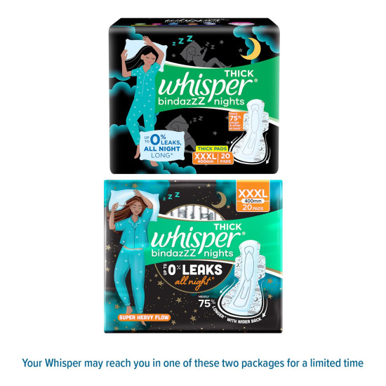 Whisper Bindazzz Nights 20 XXXL Sanitary Pads, Upto 0% Leaks All Night Long, For Super Heavy Flow, Nearly 75% Longer with Wider Back, Double hug wings keep pad in place , Disposable Wrapper Whisper Bindazzz Nights 20 XXXL Sanitary Pads, Upto 0% Leaks All Night Long, For Super Heavy Flow, Nearly 75% Longer with Wider Back, Double hug wings keep pad in place , Disposable Wrapper