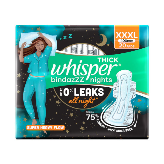 Whisper Bindazzz Nights 20 XXXL Sanitary Pads, Upto 0% Leaks All Night Long, For Super Heavy Flow, Nearly 75% Longer with Wider Back, Double hug wings keep pad in place , Disposable Wrapper Whisper Bindazzz Nights 20 XXXL Sanitary Pads, Upto 0% Leaks All Night Long, For Super Heavy Flow, Nearly 75% Longer with Wider Back, Double hug wings keep pad in place , Disposable Wrapper
