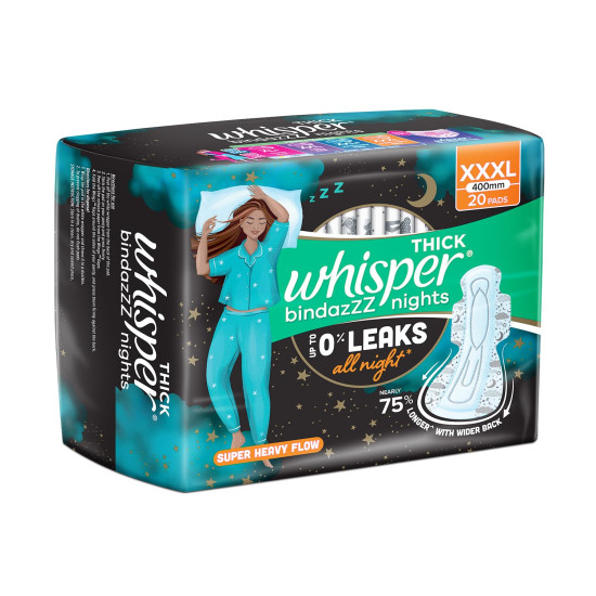 Whisper Bindazzz Nights 20 XXXL Sanitary Pads, Upto 0% Leaks All Night Long, For Super Heavy Flow, Nearly 75% Longer with Wider Back, Double hug wings keep pad in place , Disposable Wrapper Whisper Bindazzz Nights 20 XXXL Sanitary Pads, Upto 0% Leaks All Night Long, For Super Heavy Flow, Nearly 75% Longer with Wider Back, Double hug wings keep pad in place , Disposable Wrapper