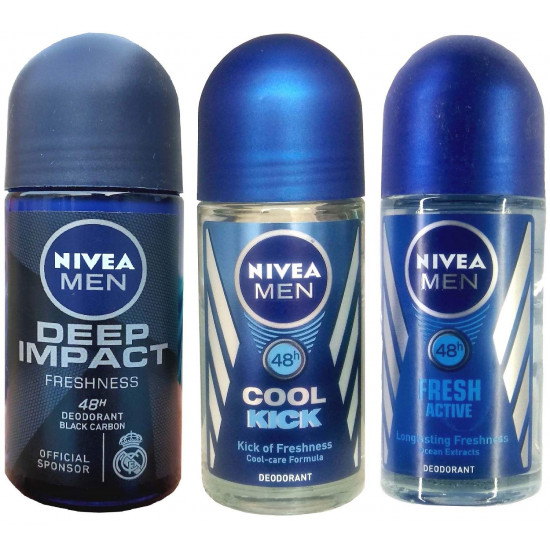 Nivea Roll On Deodorant Deep Impact + Cool Kick + Fresh Active For Men 50 Ml Each