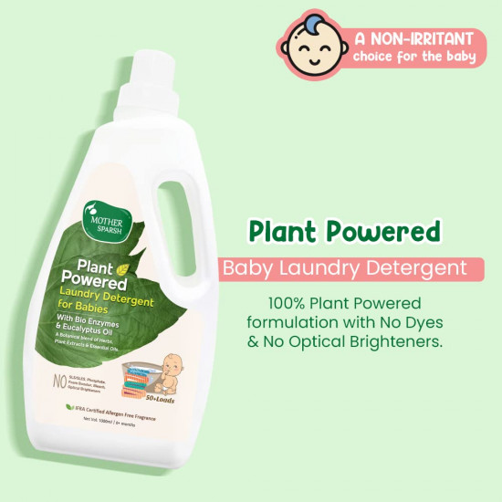 Mother Sparsh Plant Powered Baby Laundry Liquid Detergent, 1Ltr. & Natural Baby Liquid Cleanser with Green Apple & Basil, 500 ml