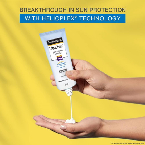 Neutrogena Ultra Sheer Sunscreen SPF 50+ | Broad Spectrum UVA/UVB | Blue light protect | No White Cast | Water resistant, Ultra light & Non sticky | Oily, Dry & Sensitive Skin | 80 g (Pack of 1)
