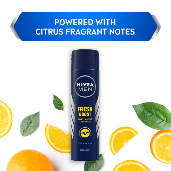 NIVEA MEN Fresh Boost Deodorant 200 ml | 48H Long Lasting Freshness | With Fresh Musk Scent | Powered with Citrus Fragnant notes | Gentle on Underarms