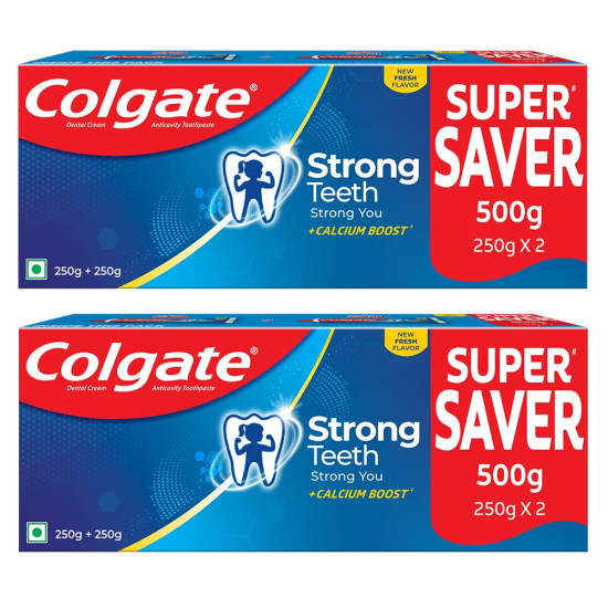 Colgate Strong Teeth, 500g (Combo Pack of 2), India’s No: 1 Toothpaste Brand, Calcium-boost for 2X Stronger Teeth, Prevents cavities, Whitens Teeth, Freshens Breath