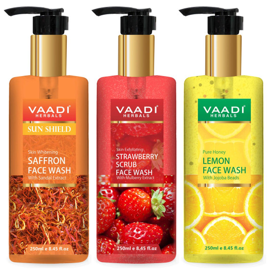 Vaadi Herbals Pvt Ltd Skin Whitening Saffron, Strawberry Scrub & Honey Lemon Face Wash, 250 Ml (Pack Of 3)