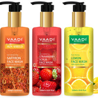 Vaadi Herbals Pvt Ltd Skin Whitening Saffron, Strawberry Scrub & Honey Lemon Face Wash, 250 Ml (Pack Of 3)