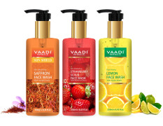 Vaadi Herbals Pvt Ltd Skin Whitening Saffron, Strawberry Scrub & Honey Lemon Face Wash, 250 Ml (Pack Of 3)