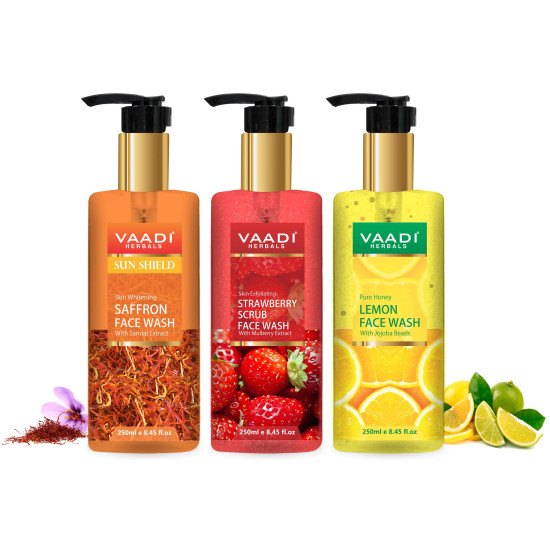 Vaadi Herbals Pvt Ltd Skin Whitening Saffron, Strawberry Scrub & Honey Lemon Face Wash, 250 Ml (Pack Of 3)