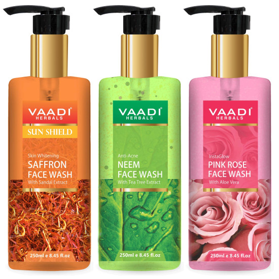 Vaadi Herbals Pvt Ltd Skin Whitening Saffron, Neem & Glow Pink Rose Face Wash, 250 Ml (Pack Of 3)