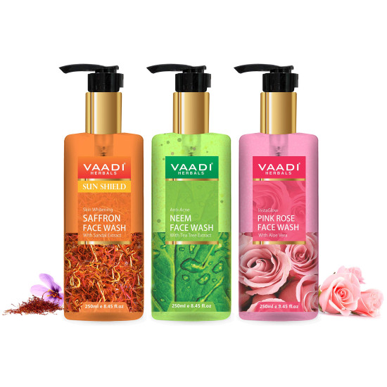 Vaadi Herbals Pvt Ltd Skin Whitening Saffron, Neem & Glow Pink Rose Face Wash, 250 Ml (Pack Of 3)