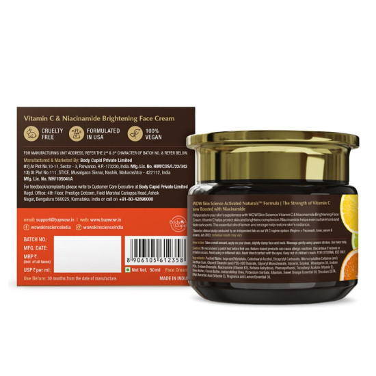 WOW Skin Science Vitamin C & Niacinamide Brightening Face Cream | Hydrates & Brightens Skin | Reduces Wrinkles | Fades Spots | Smoothens Complexion | Boosts Glow - 50 ml