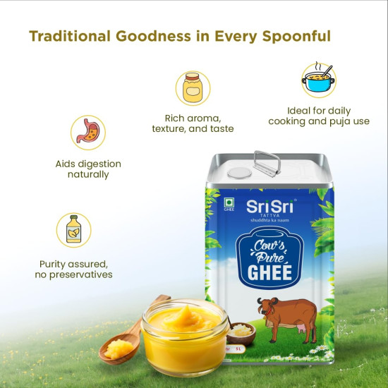 Sri Sri Tattva Cow’s Pure Ghee 5 Litre | Pure and Natural | Rich Texture and Aroma | Lab Tested | Rich in Good Fats and Antioxidants
