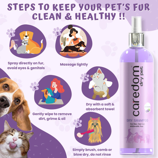 Caredom Dry Shampoo for Dogs & Cats | Waterless Dog Shampoo Spray with Lavender | Dry Bath for Cats | Fresh & Clean for Pets | Wash Grooming Spray (200 ml)
