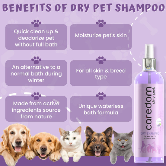 Caredom Dry Shampoo for Dogs & Cats | Waterless Dog Shampoo Spray with Lavender | Dry Bath for Cats | Fresh & Clean for Pets | Wash Grooming Spray (200 ml)